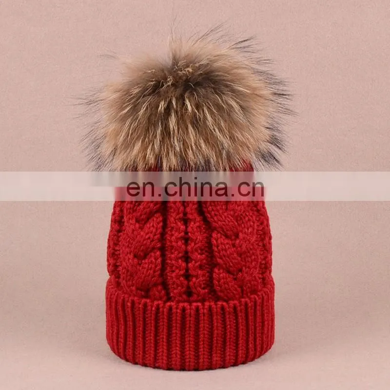Jumbo genuine raccoon fur pom balls hats knitted twist pattern hats