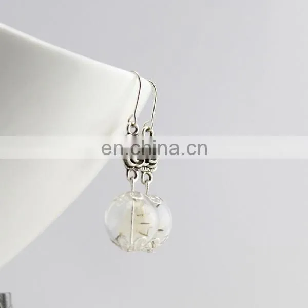 Hot sell glass ball dandelion seeds vintage flower metal plant pendant unique earrings