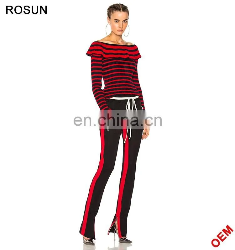 Fashion Red and White Strips off Shoulder Knit Sweater Top