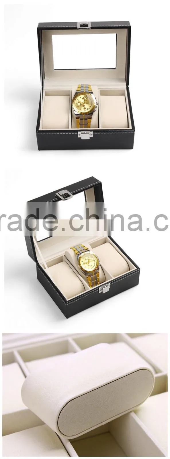 Custom Personalized 3 Slot Black Leather Watch Storage Box With Clear Lid
