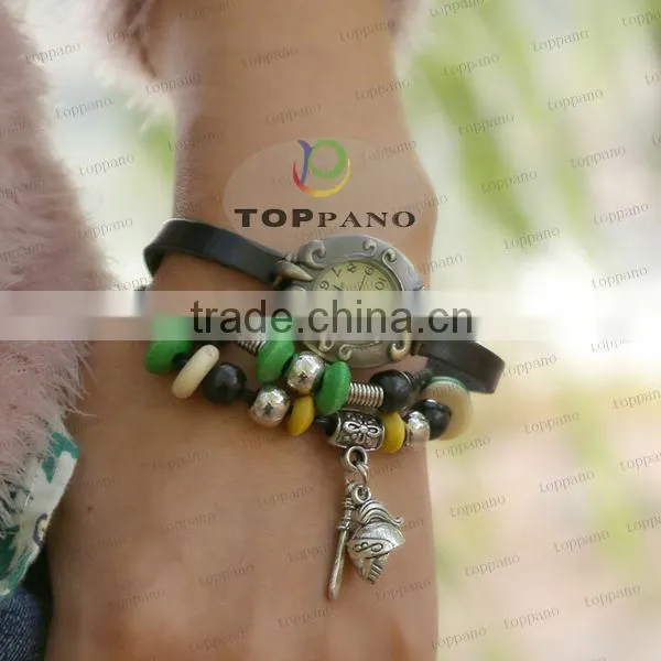 fashion retro design leather bracelet wholesale vintage style black leather bracelet watch