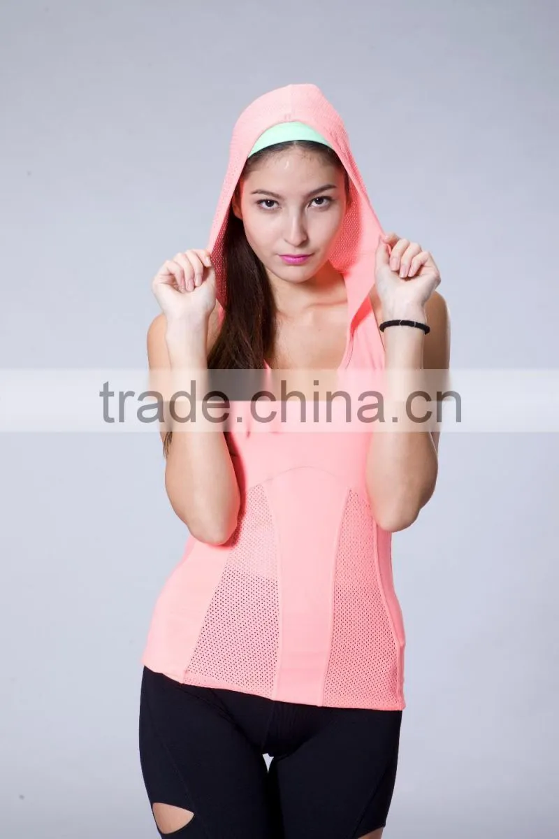 Fashion 2016 New Design Breathable Fishnet Mesh Workout Hooded Crops Top Summer Women Running Tank Top