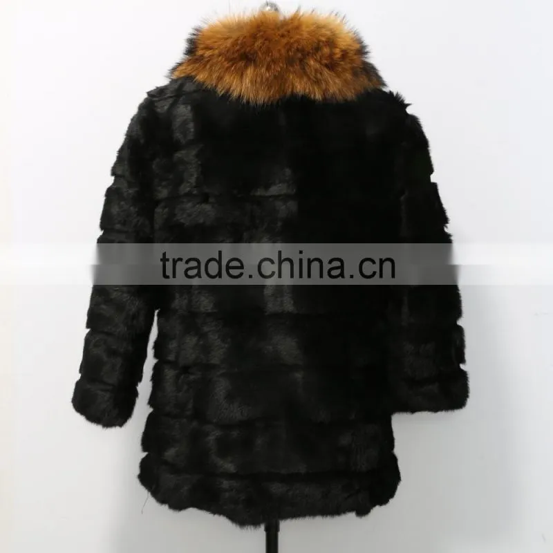 2015 rex rabbit fur coat with big racoon fur collar for women