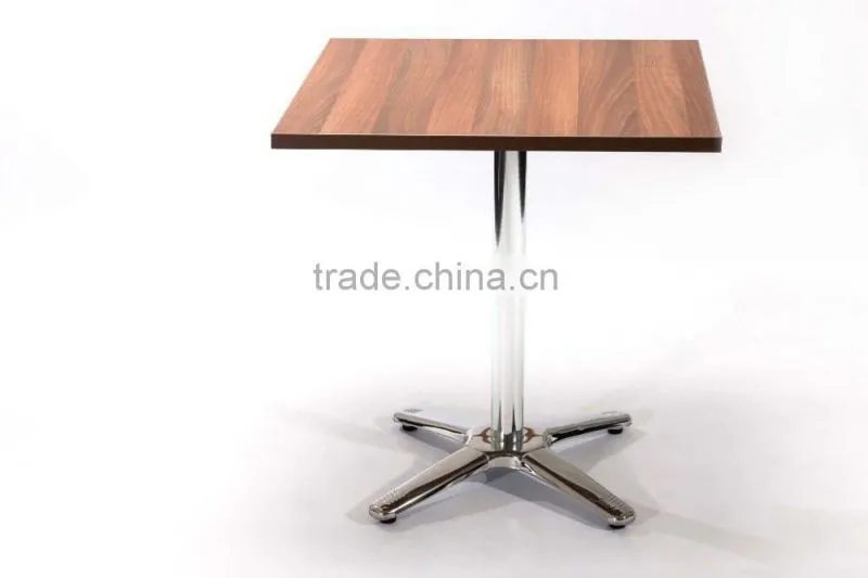 small wood table top stainless steel base restaurant dining table set