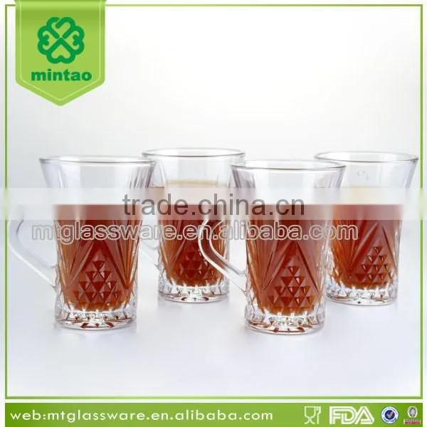 Clear fancy shape machine made beer glass mug with handle