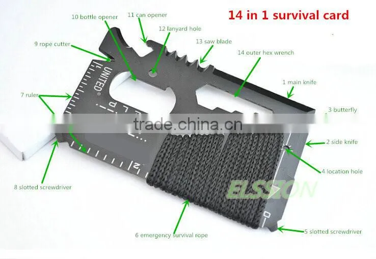 Portable Stainless Tool Card/Outdoor Survival Camping Knife with rope