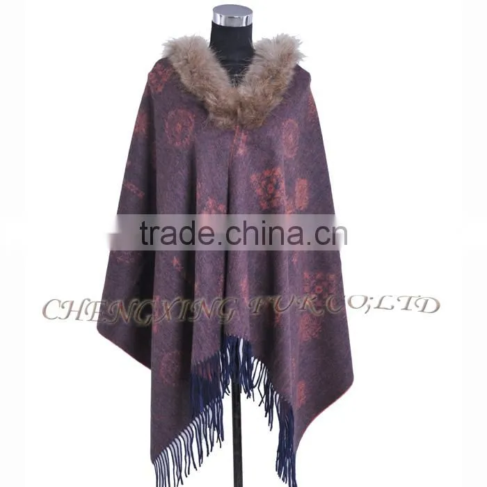 CX-B-P-44F Ladies Latest Design Genuine Raccoon Fur Collar Wool Cashmere Fringed Pashmina Shawl