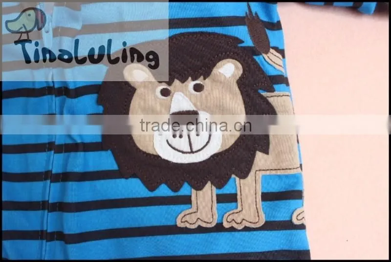 100% cotton baby striped lion aniaml printed footed pajamas, boys pajamas with feet wholesale