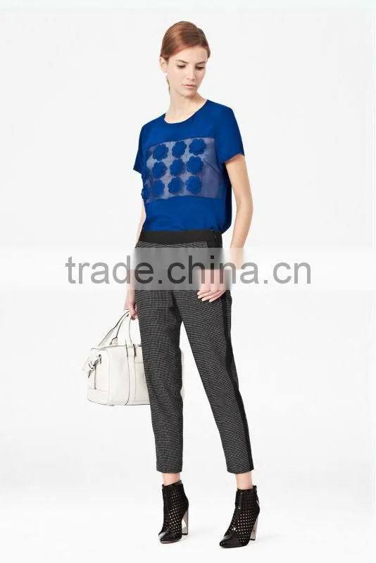 Short Sleeve Silk Blouse Top with Sheer Organza Panel