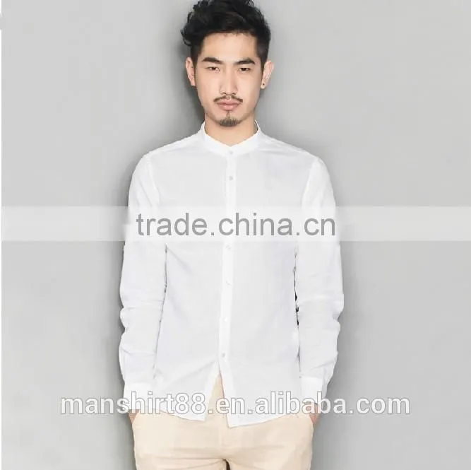 rolled sleeve mandarin collar hemp linen shirt for men