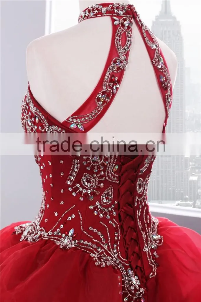 2018 Dramatic Quinceanera Dress Neck line Beaded Appliques Red Organza quinceanera gowns ED025201