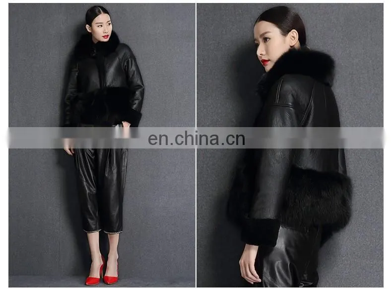 Korean Style High Quality Clothing Winter Women Leather Jacket with Fox Fur Collar