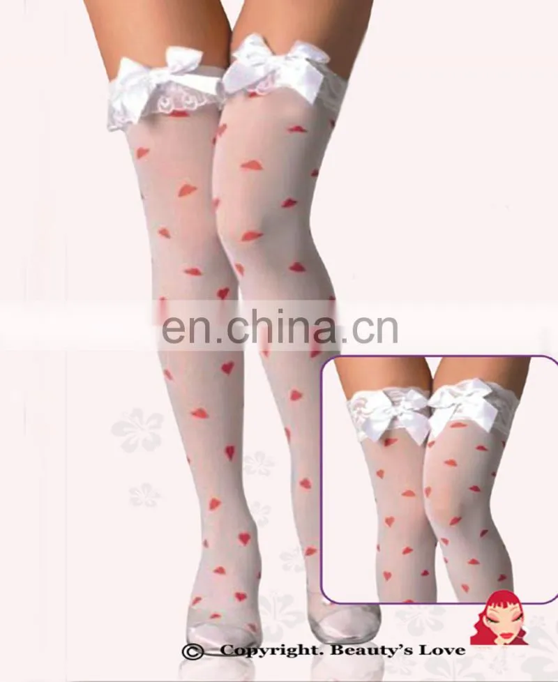 Beautyslove Sheer Spandex/nylon Lingerie Hot Bow Girls Christmas Long High Socks LACE TOP HEART PRINT THIGH-HIGH STOCKINGS