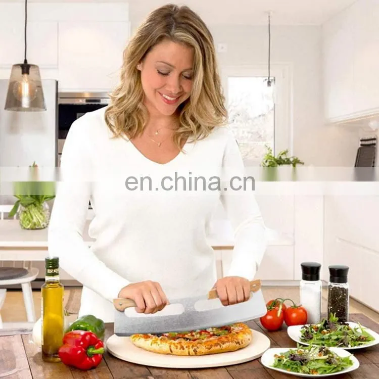 Amazon Hot sell Pizza Cutter Slicer Knife with Double Wooden Handle Stainless Steel Pizza Cutter Pizza Tools