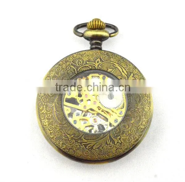 Cute carving watch face retro style bronze watch case mechanical automaton pocket watch