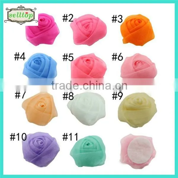 Cheaper hot sale mini 2cm satin fabric flowers for wedding dresses
