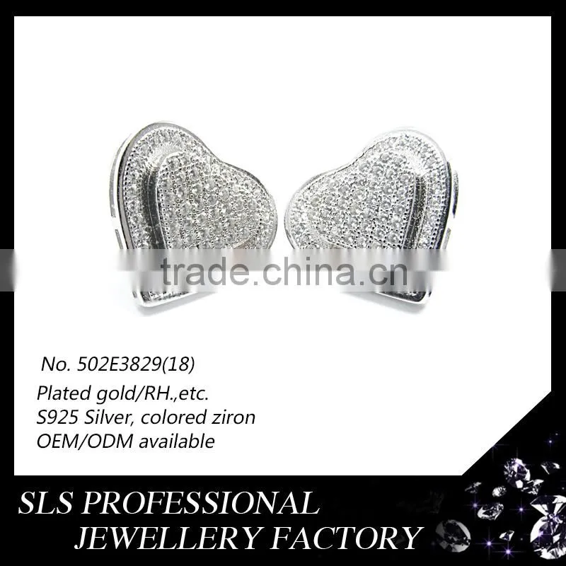 2015 Fashion heart shape 925 silver white zircon rhodium plated screw back stud earrings from sls jewelry