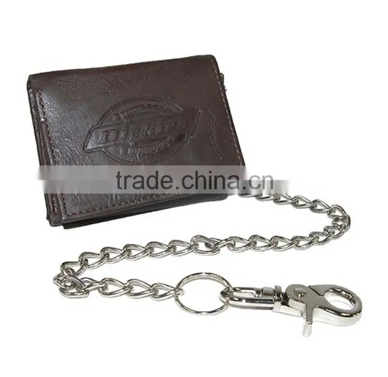 Trifold genuine leather wallet with chain for men with RFID blocking