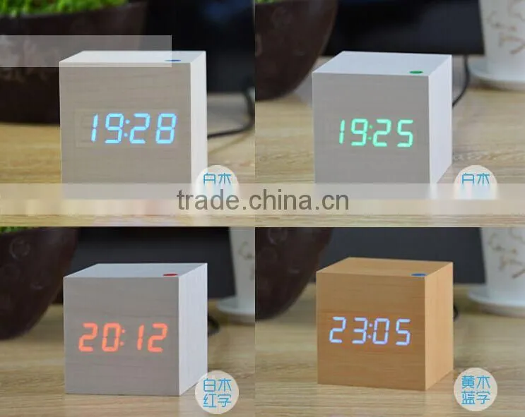 Best selling promotion cube colorful LED Wood alarm clock for home decoration comply with CE ROHS - S714
