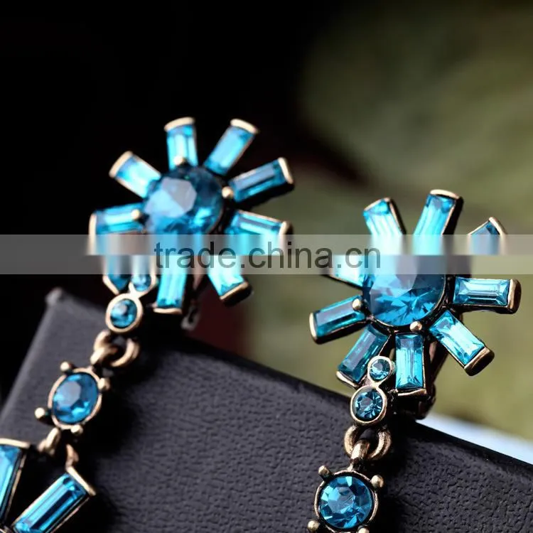 Blue gemstone sun flower earrings, wedding earrings, heavy earrings