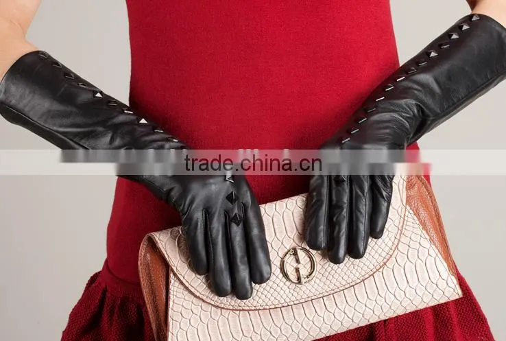 women's winter sheepskin long leather gloves with studs/rivet