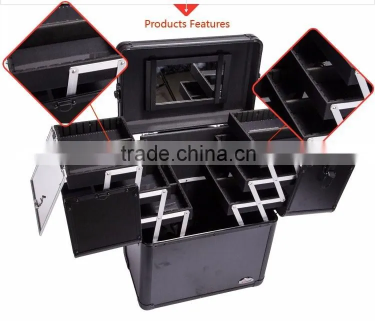 China Wholesale High Quality Aluminum Trolley Portable Makeup Cases Rolling Cosmetic Boxes