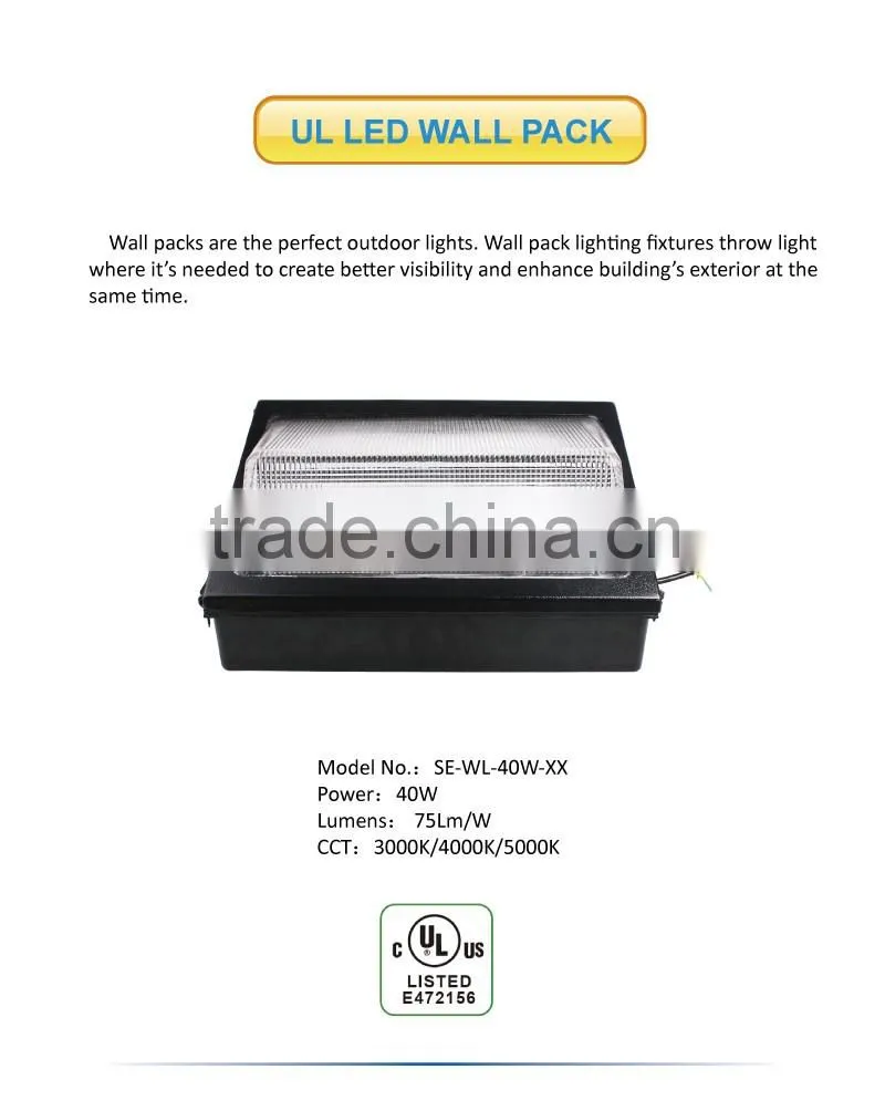 2016 UL approved 5 years warranty 40W outdoor LED Wall Pack Light with high lumens