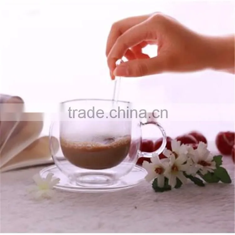 Hand made Heat resistant Borosilicate Glass double wall glass coffee cup and saucer Sets