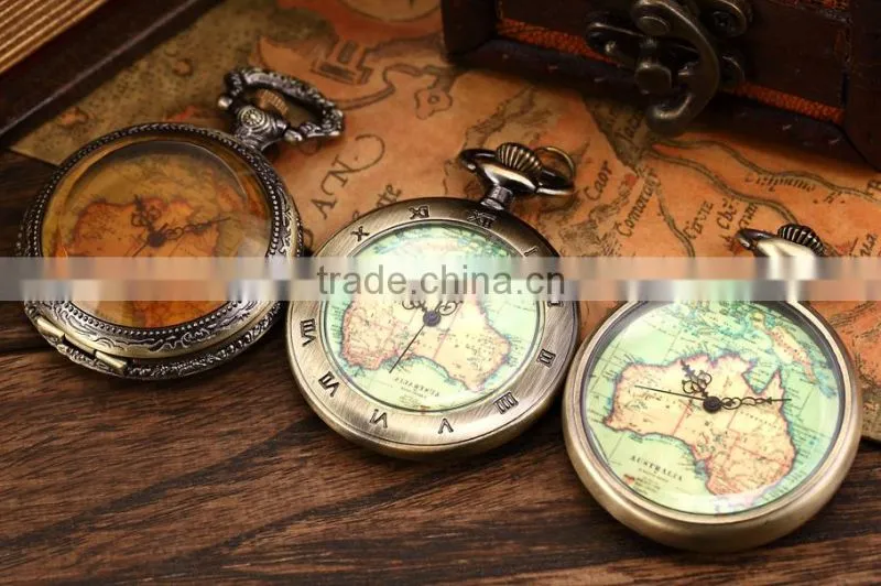 Vintage Australia Map Pendant Fob Necknace Chain Quartz Pocket Sport Watch