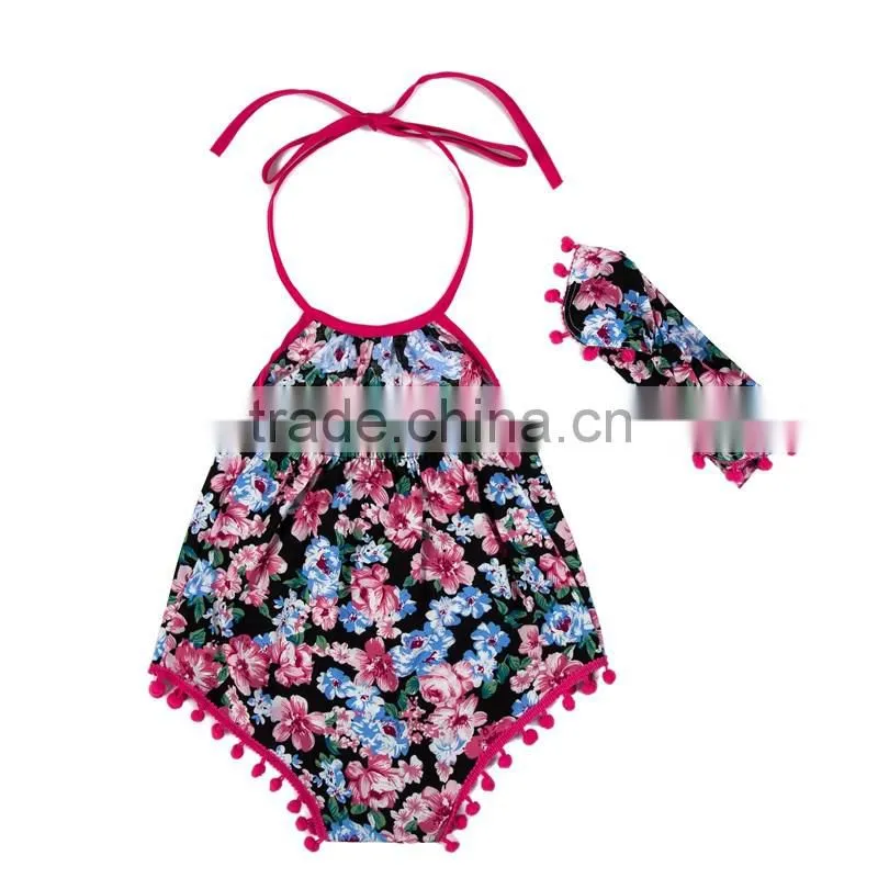 Baby Romper With Pompom And Headband.Summer Children Clothes.Floral Decoration.