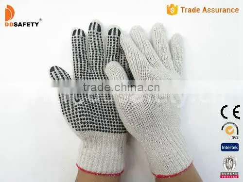 DDsafety Hot Sale Nature Cotton Gloves 3 Thread Working Gloves With Black PVC Dots One Side