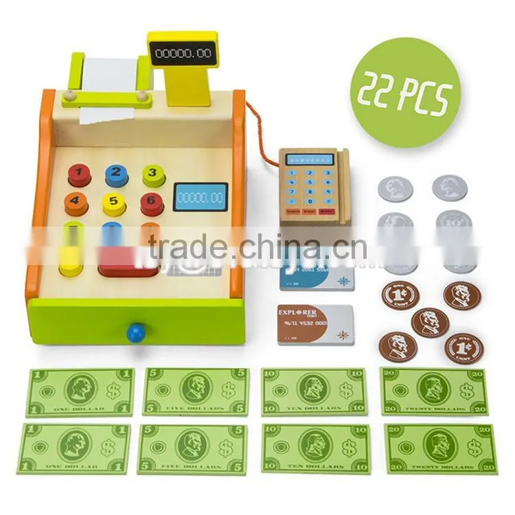 New style kids pretend play cash register wooden cashier toy W10A062
