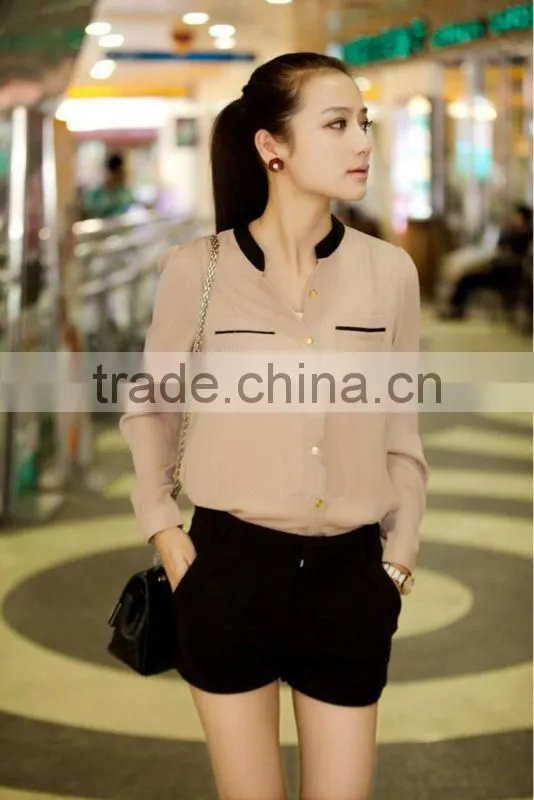 2015 Hot Sell Fashion Chiffon Blouse Stand Pockets Clothes Women Stand Collar Chiffon Blouse Long Sleeve Shirt