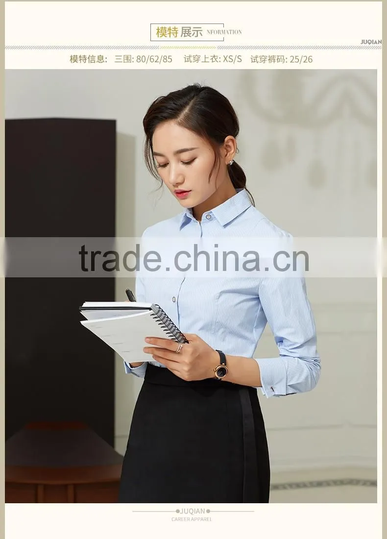 Women fashion spring elegant light blue stripe blouses long sleeve shirt work office wear casual slim tops Office 2017