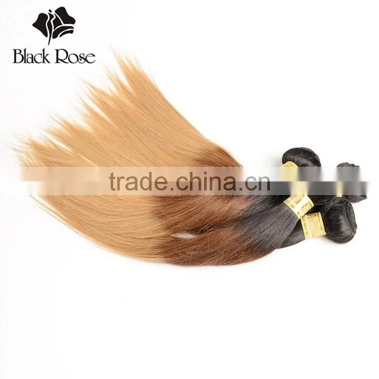 Black Rose Straight Colored Brazilian Ombre Weave Hair, Wholesale Three Tone Ombre Colored Human Hair Extension