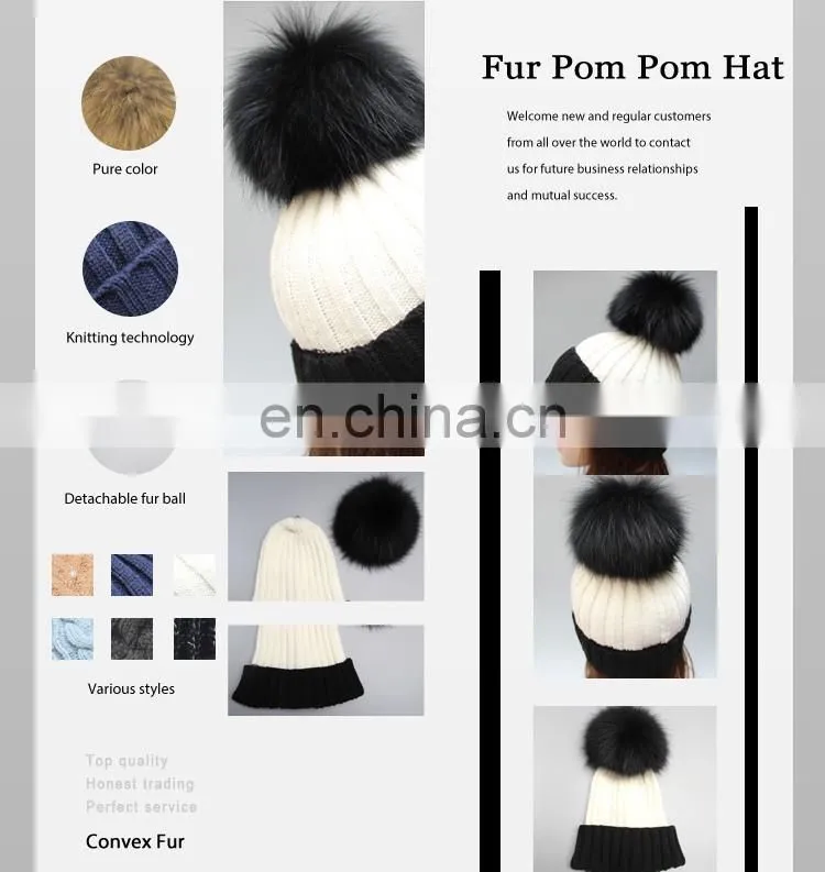 Wholesale custom winter ladies acrylic knitting beanies hat with pompon for lady