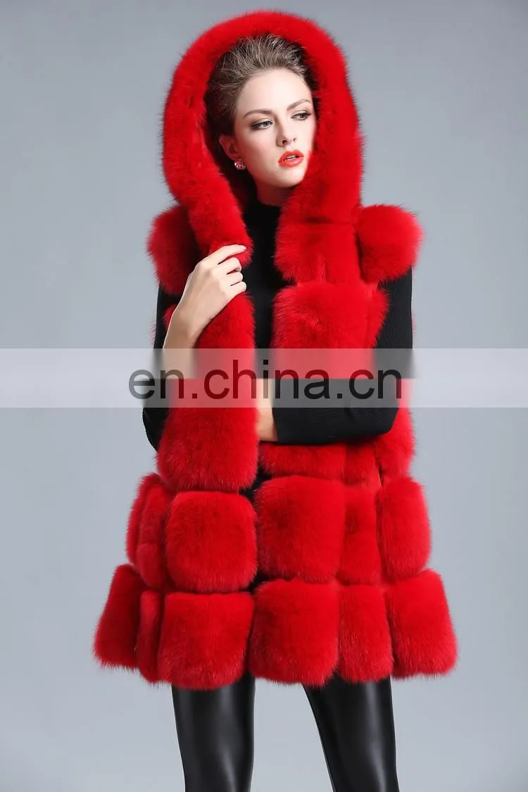 2015 New Style Whole Leather Real Fox Fur Hood Long Style Vest Girl Gilet Beautiful Women Vest