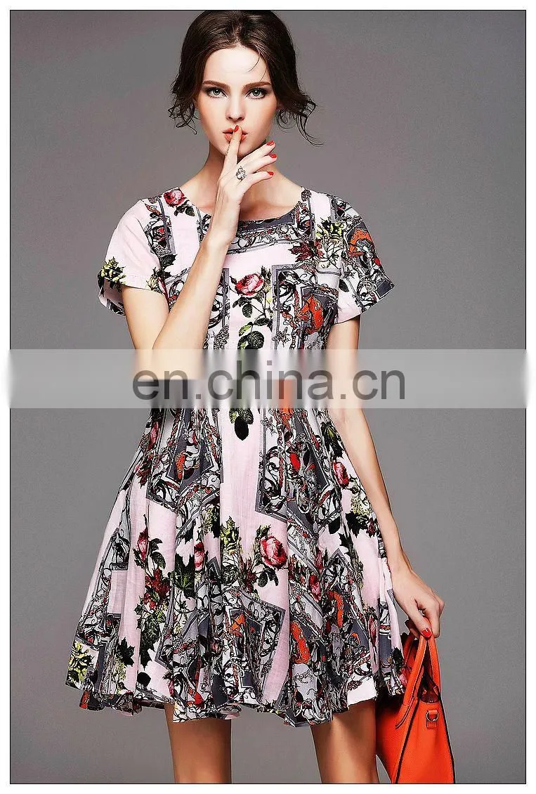 High quality short sleeve rayon cute print dress for 2016 summer