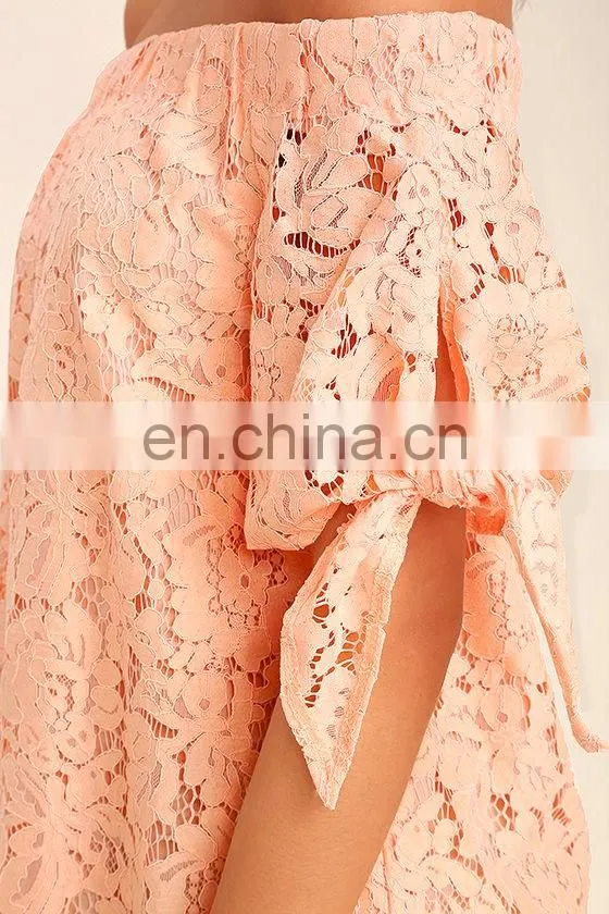 Women New Top Design Lovely Short Sleeve Off-the-Shoulder Peach Lace Top