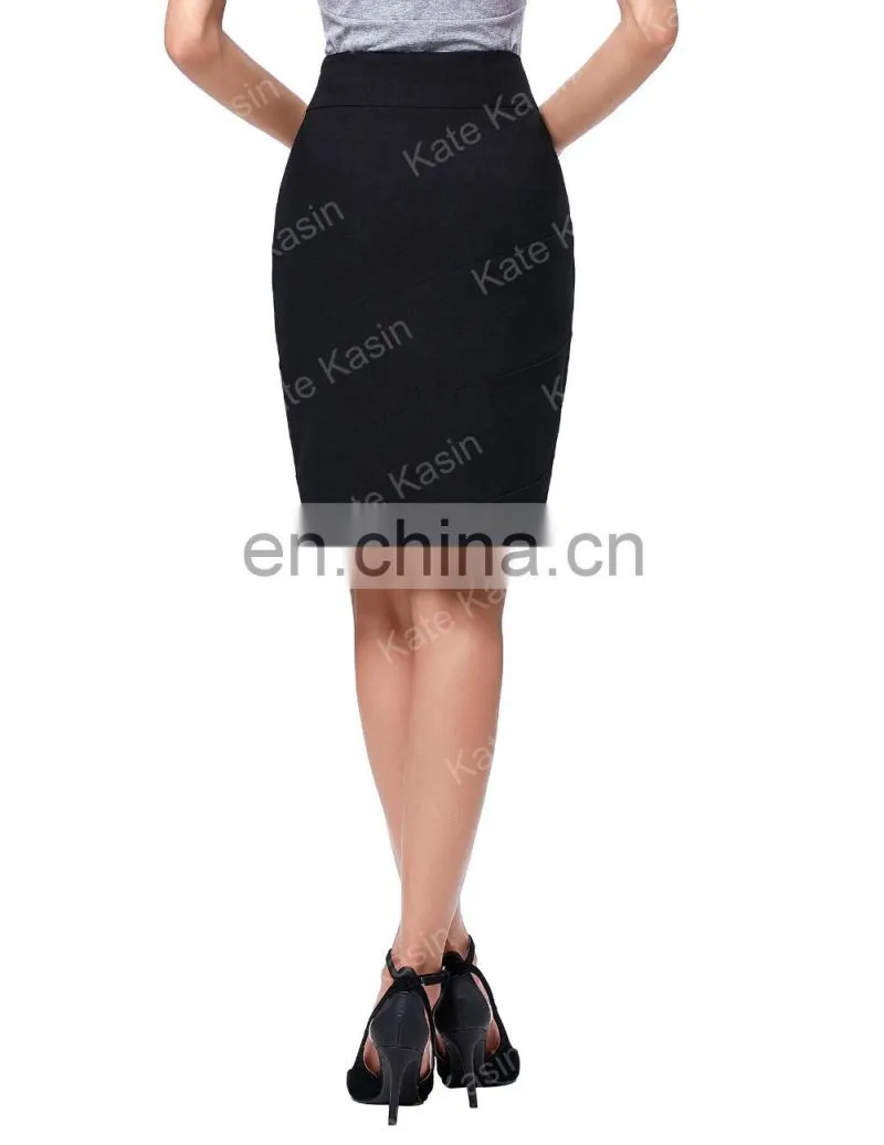 Kate Kasin Occident Women's OL High Stretchy Hips-Wrapped Black Pencil Skirt KK000269-1
