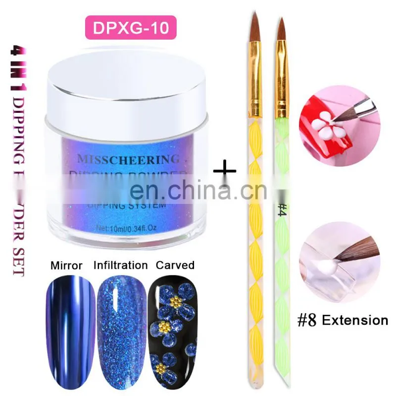 4 in one private label dip nail dipping powder kit extension gel mirror chrome powder with nail brush in stock