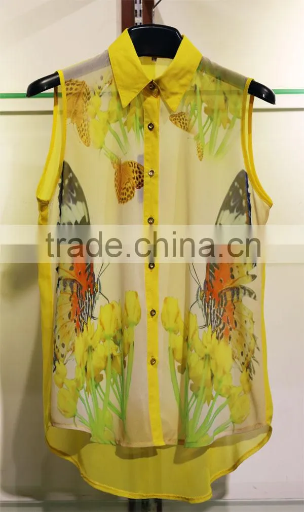 new style 2014 butterfly flower printed chiffon blouse