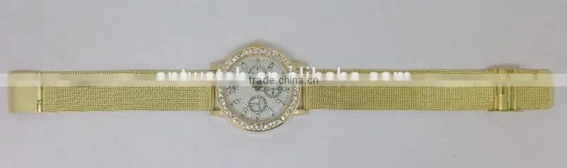 SNT-0027 fashion gold alloy watch with crystal stones and reticulate hand, high quality quartz watch