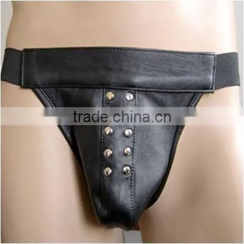New Mens Sexy Black Leather Briefs With True Metal Chain Gay / Fetish S/M