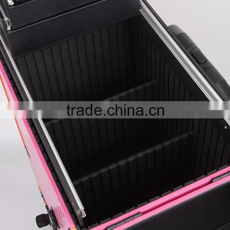 Pink rolling makeup case with trays
