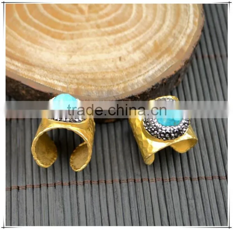 LFD-001R ~ Gold Plated Druzy Faceted Turquoise Stone Pave Rhinestone Crystal Rings For Women Jewelry Finding