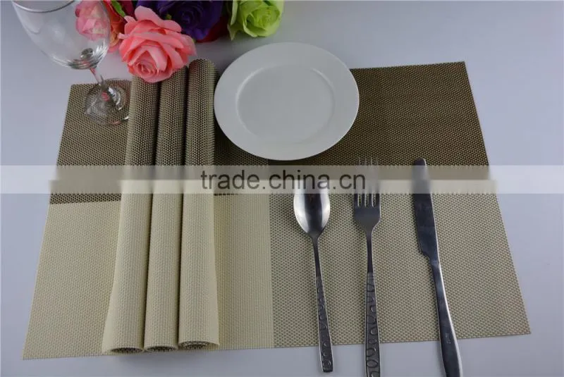2015 New Arrival Gold Color Home Kitchen Dining Placemat Fashion Adiabatic PVC Strip Weave Table Mat