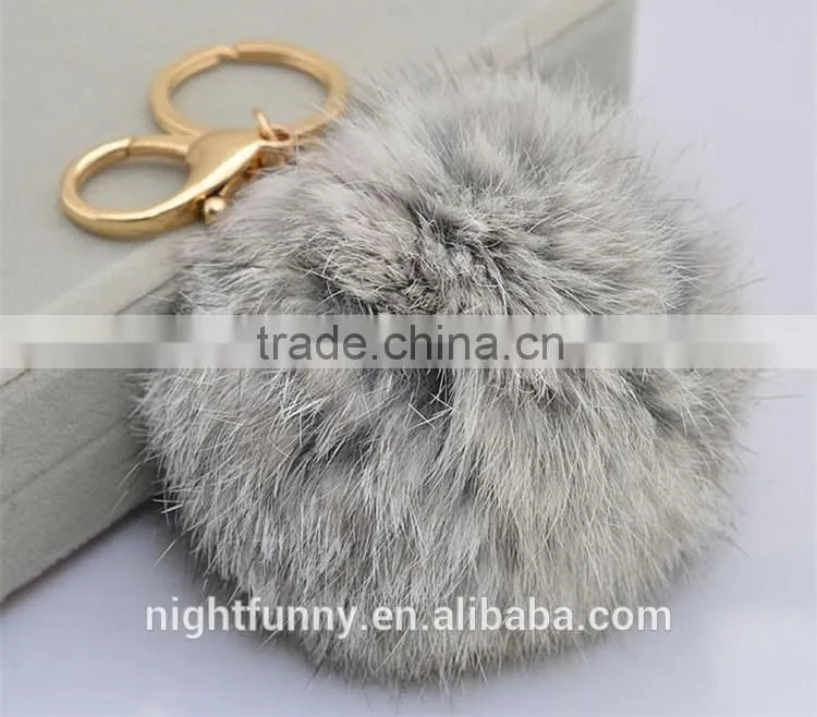 No Dye Grey Cute Genuine Rabbit fur ball pom pom keychain for car key ring Bag Pendant
