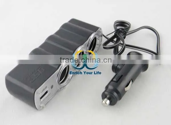 New PL12V3US Plug In Car 1 TO 3 Cigarette Lighter Multiplier With USB Charger