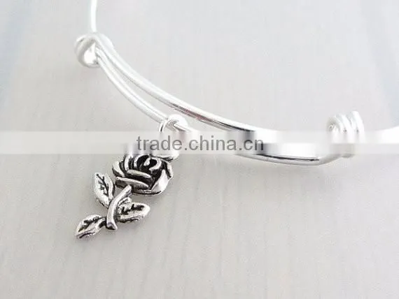 Custom jewelry handmade silver rose flower charm bangle adjustable